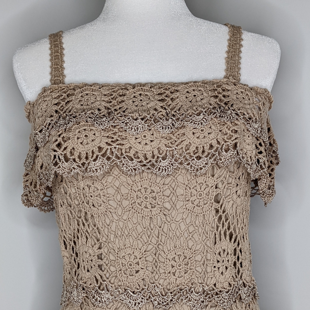 Boston Proper EUC crochet cold shoulder ruffles dress metallic small taupe brown - Picture 4 of 16